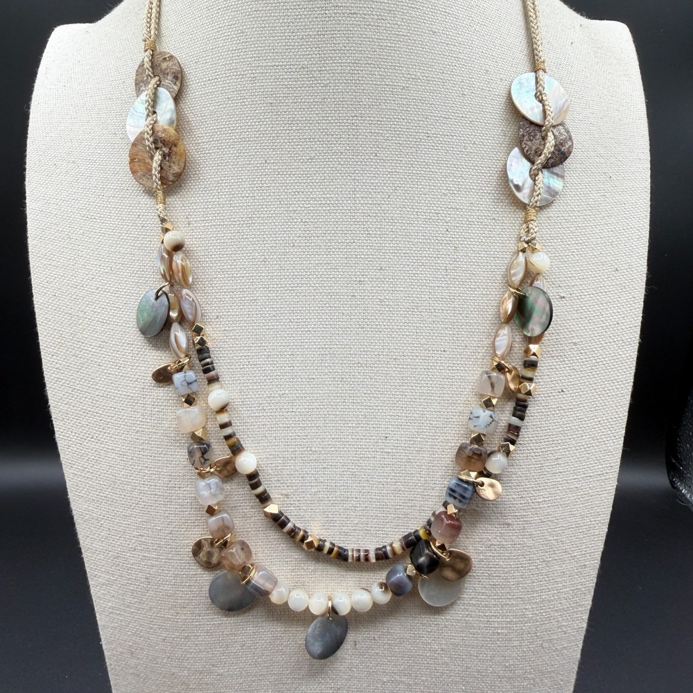 Boho Multi Strand Shell Bead Necklace Mother of Pearl Gold Tone Adjustable Cord
